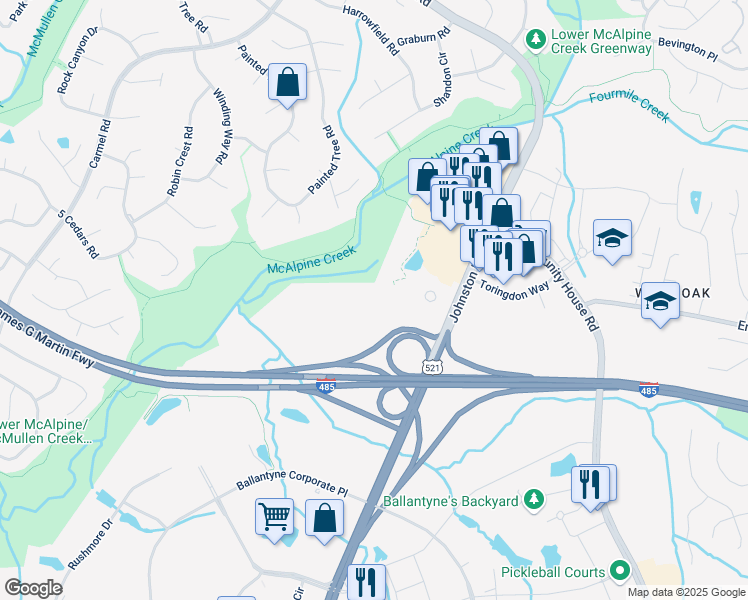 map of restaurants, bars, coffee shops, grocery stores, and more near 4220 Chuck Hollow Lane in Charlotte