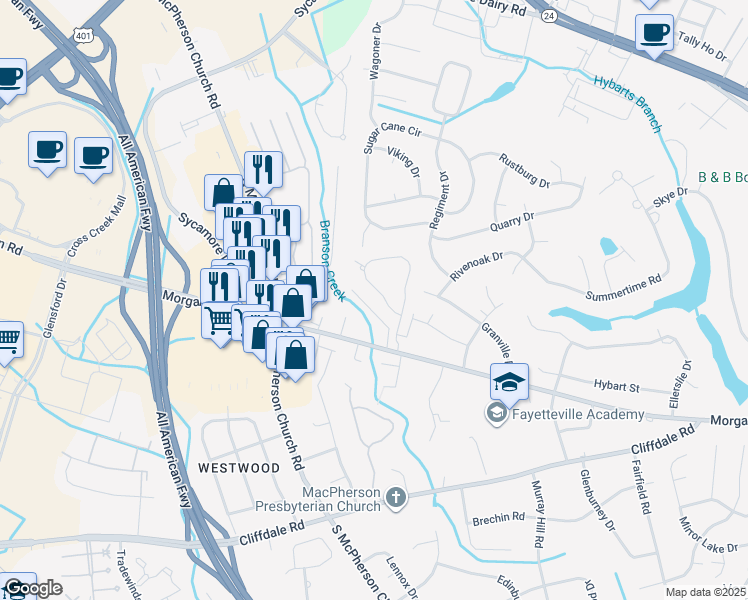 map of restaurants, bars, coffee shops, grocery stores, and more near 340 Courtyard Ln in Fayetteville