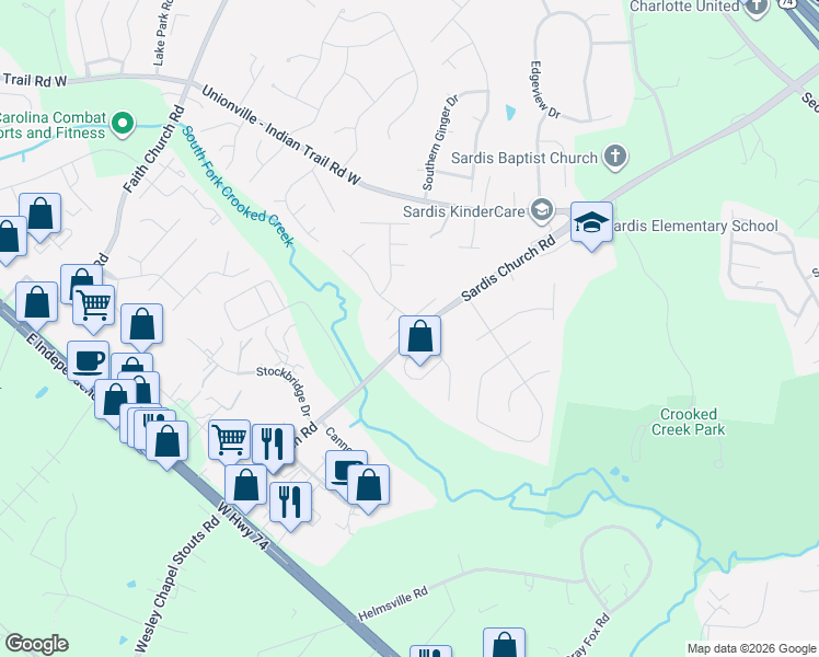 map of restaurants, bars, coffee shops, grocery stores, and more near 5820 Brick Landing Drive in Monroe