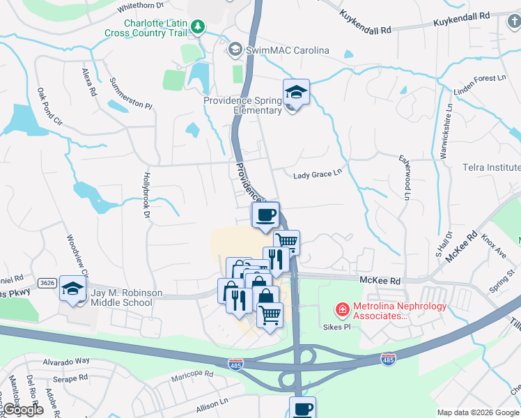 map of restaurants, bars, coffee shops, grocery stores, and more near 5201 Berkeley Estates Drive in Charlotte