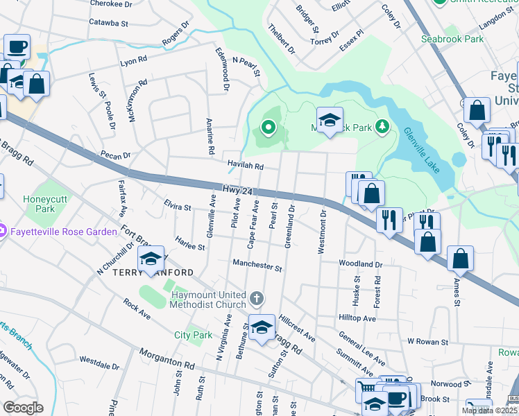 map of restaurants, bars, coffee shops, grocery stores, and more near 624 Cape Fear Avenue in Fayetteville