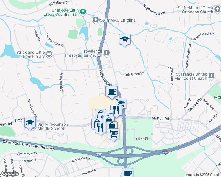 map of restaurants, bars, coffee shops, grocery stores, and more near 5201 Berkeley Estates Drive in Charlotte