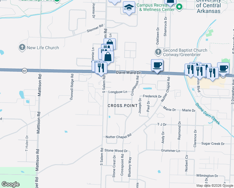 map of restaurants, bars, coffee shops, grocery stores, and more near 2790 Longbow Lane in Conway