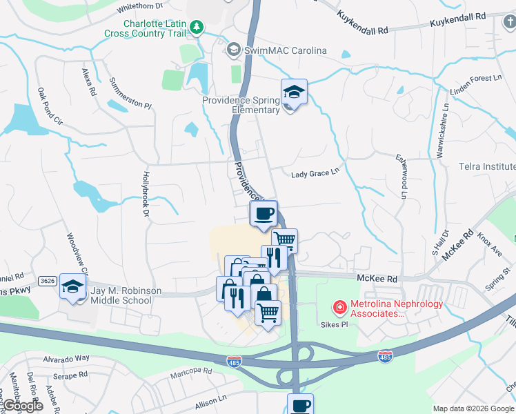 map of restaurants, bars, coffee shops, grocery stores, and more near 5201 Berkeley Estates Drive in Charlotte