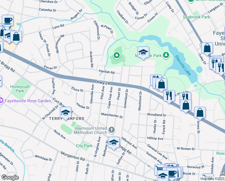 map of restaurants, bars, coffee shops, grocery stores, and more near 624 Cape Fear Avenue in Fayetteville