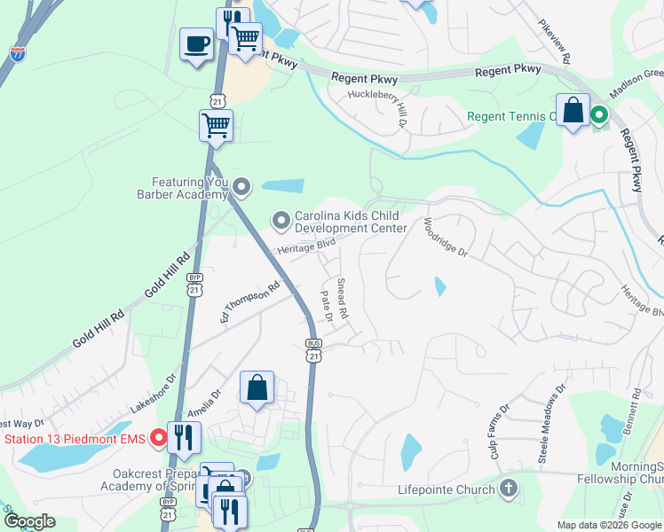 map of restaurants, bars, coffee shops, grocery stores, and more near 120 Snead Road in Fort Mill