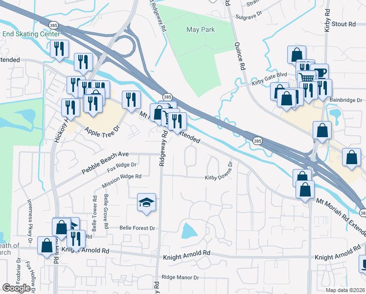 map of restaurants, bars, coffee shops, grocery stores, and more near 2947 Charlestowne Place in Memphis