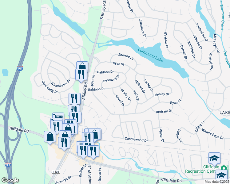map of restaurants, bars, coffee shops, grocery stores, and more near 403 Atwell Drive in Fayetteville
