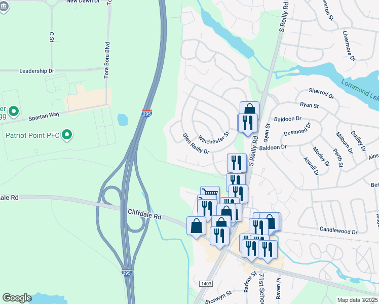 map of restaurants, bars, coffee shops, grocery stores, and more near 301 Spotted Owl Court in Fayetteville