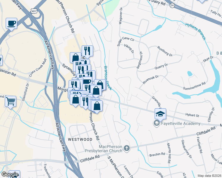 map of restaurants, bars, coffee shops, grocery stores, and more near 3641 Farmbrook Road in Fayetteville