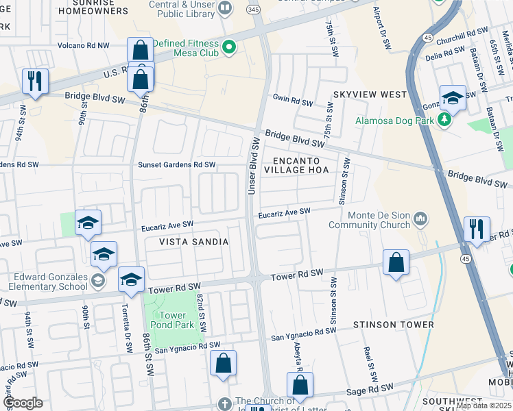 map of restaurants, bars, coffee shops, grocery stores, and more near 579 Vía Patria Southwest in Albuquerque