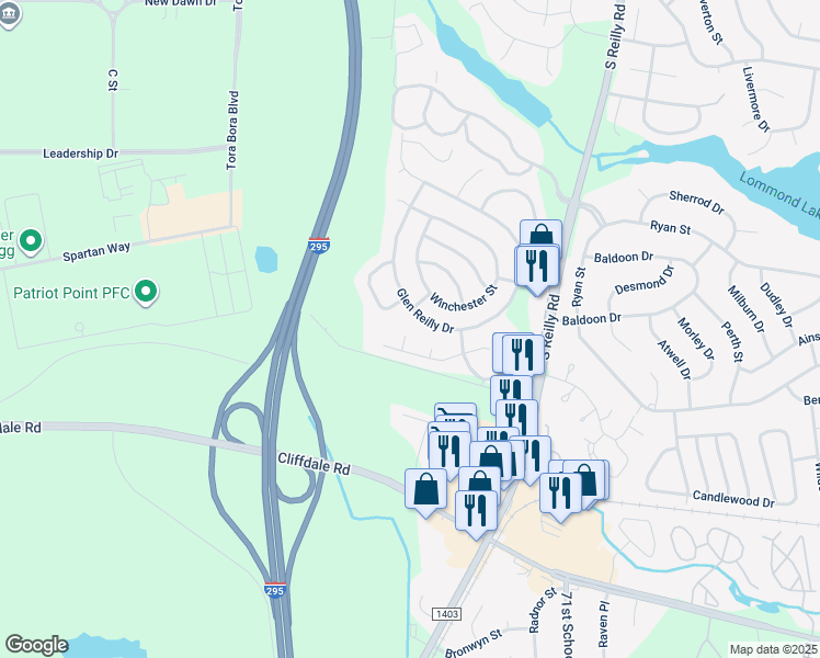 map of restaurants, bars, coffee shops, grocery stores, and more near 301 Spotted Owl Court in Fayetteville