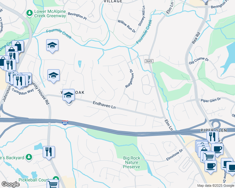 map of restaurants, bars, coffee shops, grocery stores, and more near 6509 Red Maple Drive in Charlotte