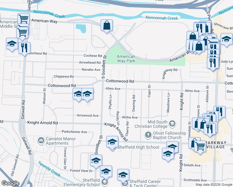 map of restaurants, bars, coffee shops, grocery stores, and more near 4337 Almo Avenue in Memphis