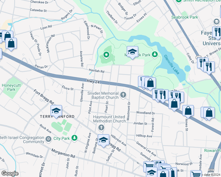 map of restaurants, bars, coffee shops, grocery stores, and more near 548 Pearl Street in Fayetteville