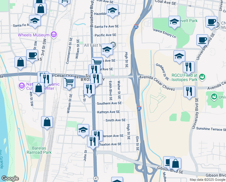 map of restaurants, bars, coffee shops, grocery stores, and more near 606 Trumbull Avenue Southeast in Albuquerque