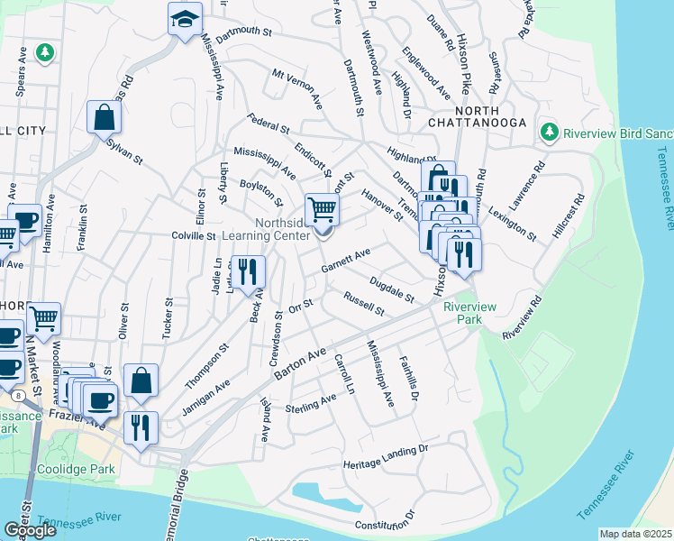 map of restaurants, bars, coffee shops, grocery stores, and more near 1009 Mississippi Avenue in Chattanooga