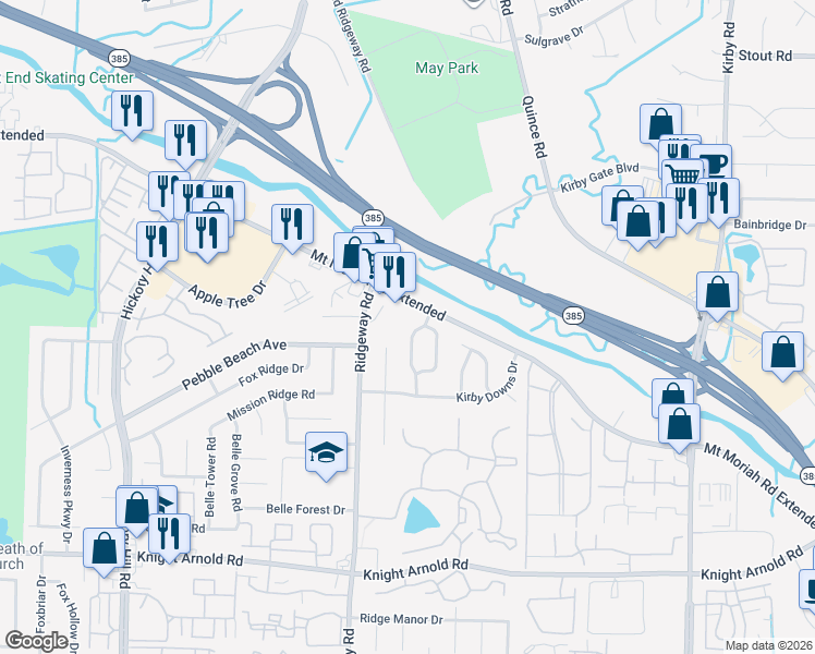 map of restaurants, bars, coffee shops, grocery stores, and more near 2947 Charlestowne Place in Memphis