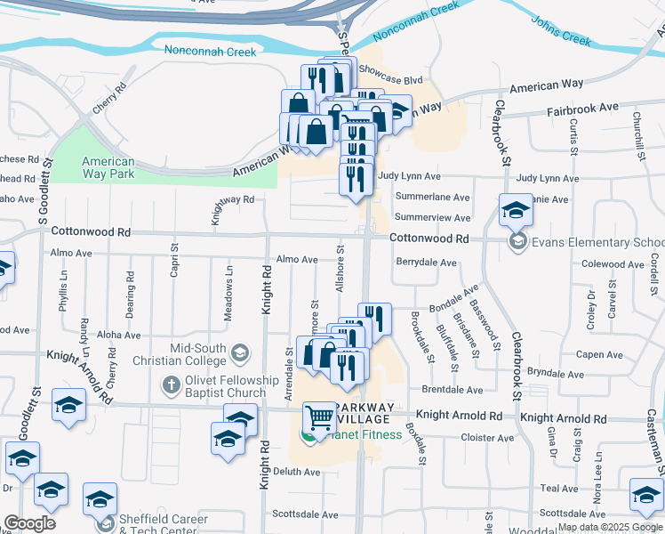 map of restaurants, bars, coffee shops, grocery stores, and more near 2941 Allshore Street in Memphis