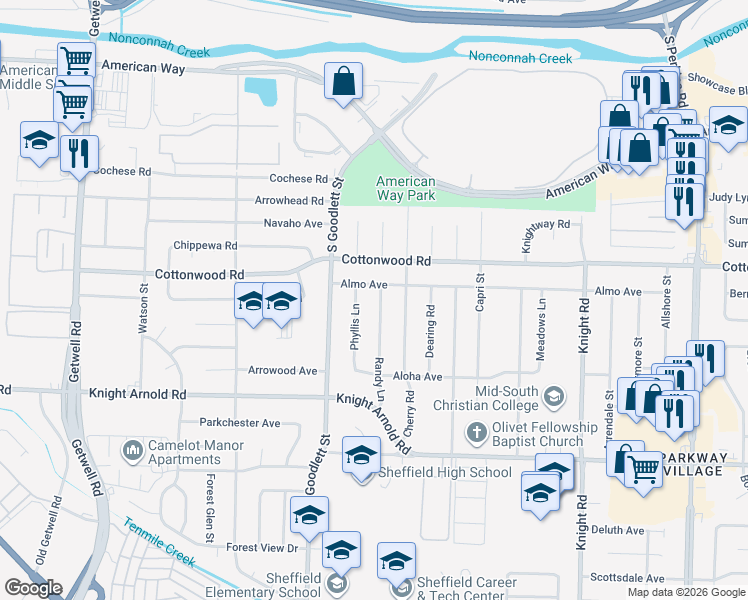 map of restaurants, bars, coffee shops, grocery stores, and more near 4337 Almo Avenue in Memphis