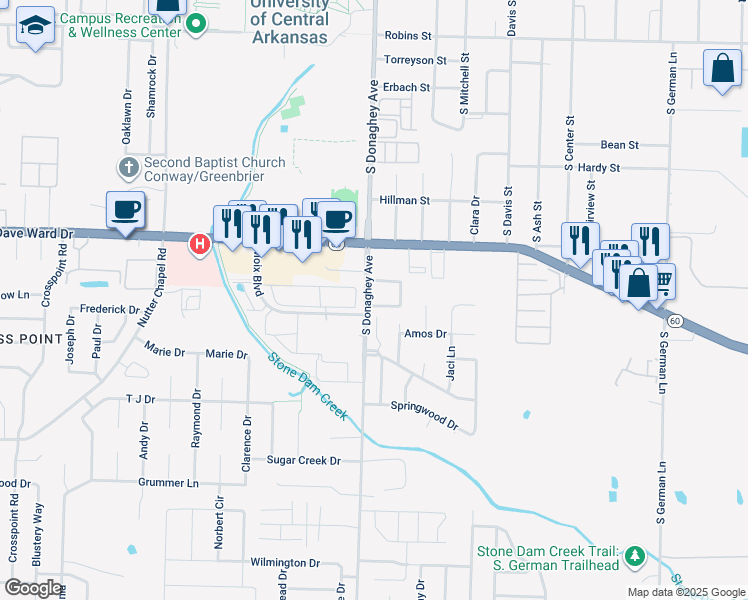 map of restaurants, bars, coffee shops, grocery stores, and more near 2007 Silver Springs Circle in Conway