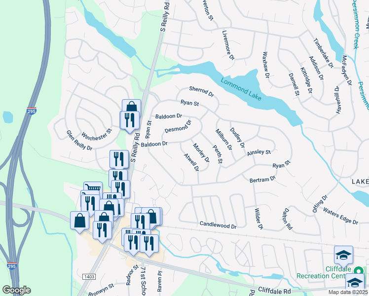 map of restaurants, bars, coffee shops, grocery stores, and more near 403 Atwell Drive in Fayetteville