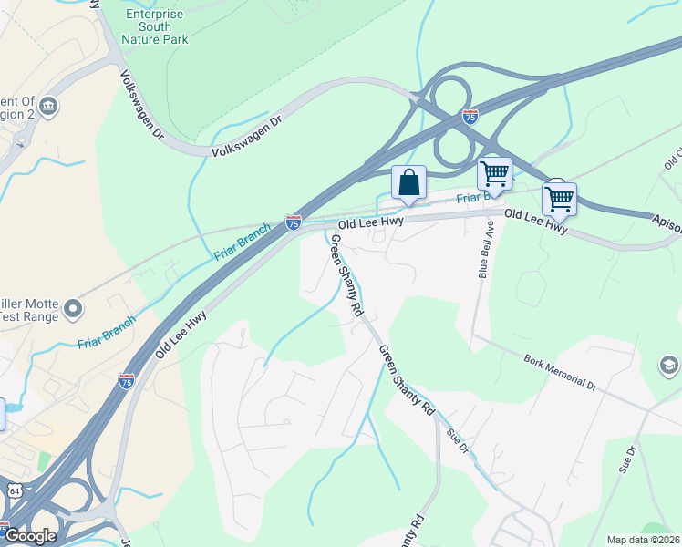 map of restaurants, bars, coffee shops, grocery stores, and more near 4847 Green Shanty Road in Ooltewah