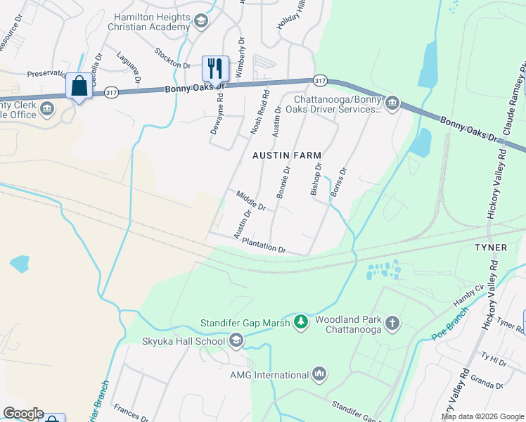 map of restaurants, bars, coffee shops, grocery stores, and more near 7600 Austin Drive in Chattanooga