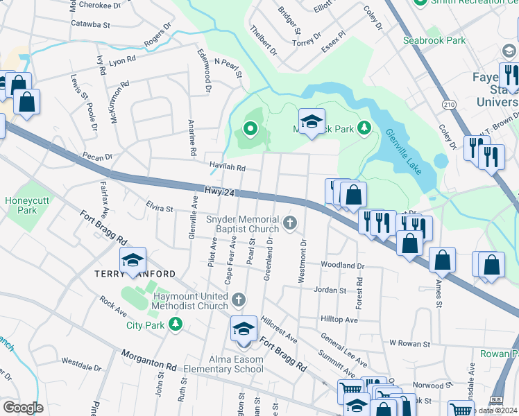 map of restaurants, bars, coffee shops, grocery stores, and more near 548 Pearl Street in Fayetteville