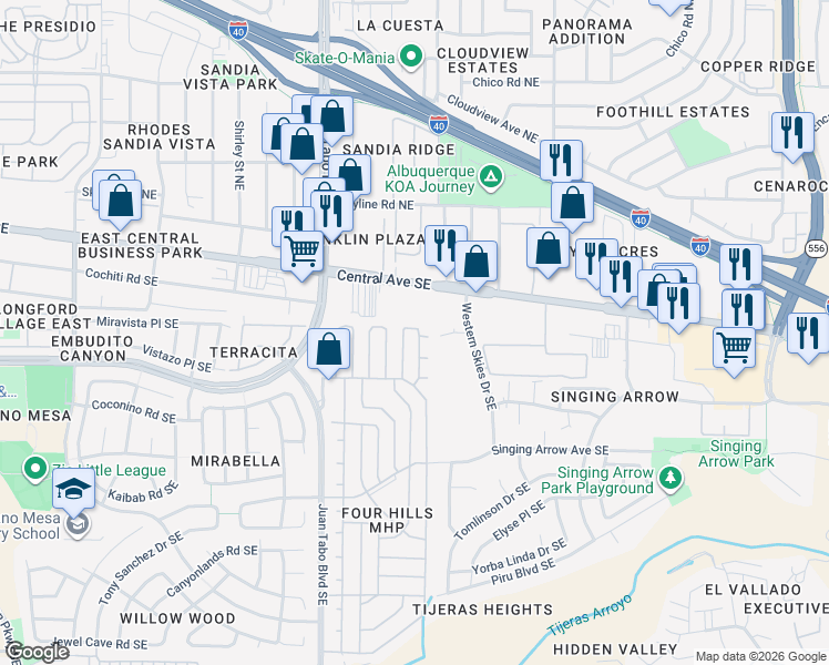 map of restaurants, bars, coffee shops, grocery stores, and more near 200 Coyote Lane Southeast in Albuquerque