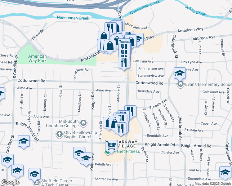 map of restaurants, bars, coffee shops, grocery stores, and more near 2941 Allshore Street in Memphis