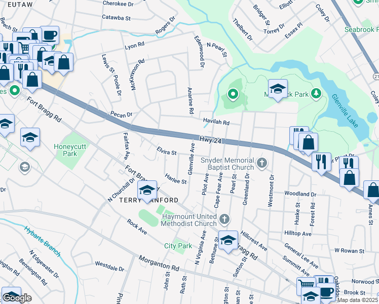 map of restaurants, bars, coffee shops, grocery stores, and more near 701 Glenville Avenue in Fayetteville