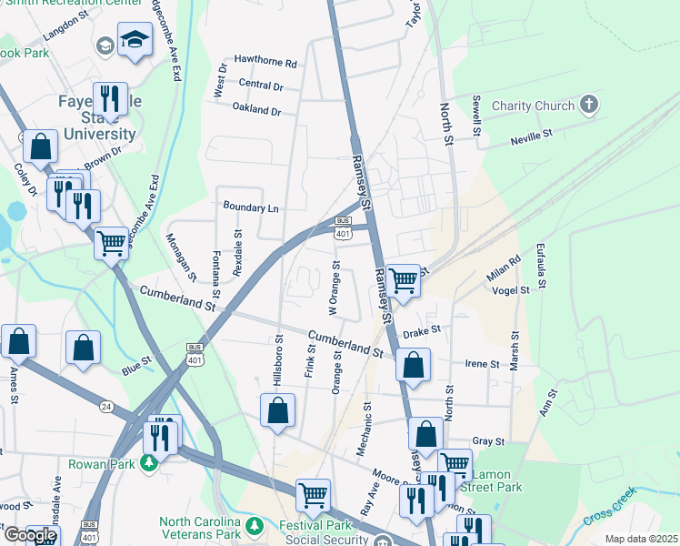 map of restaurants, bars, coffee shops, grocery stores, and more near 861 West Orange Street in Fayetteville
