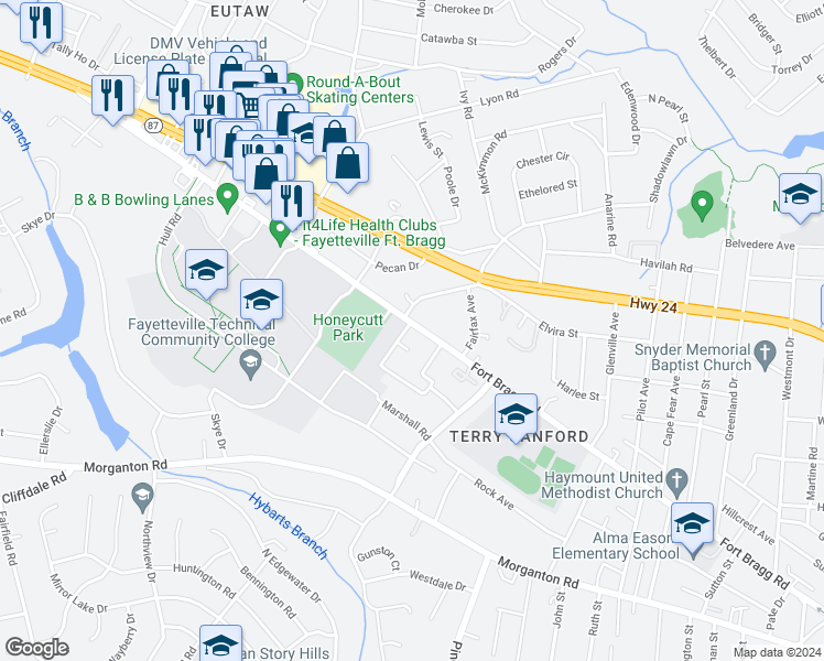 map of restaurants, bars, coffee shops, grocery stores, and more near 2560 McNeill Circle in Fayetteville