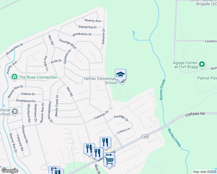 map of restaurants, bars, coffee shops, grocery stores, and more near 7023 Calamar Drive in Fayetteville