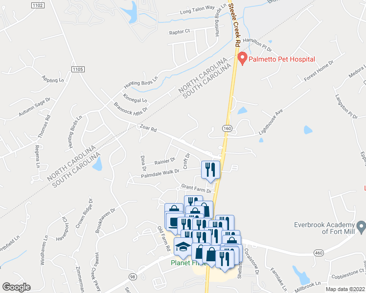 map of restaurants, bars, coffee shops, grocery stores, and more near 1417 Bramblewood Drive in Fort Mill