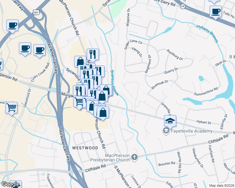 map of restaurants, bars, coffee shops, grocery stores, and more near 3641 Farmbrook Road in Fayetteville