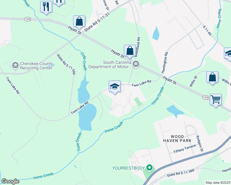 map of restaurants, bars, coffee shops, grocery stores, and more near 149 Twin Lake Road in Gaffney