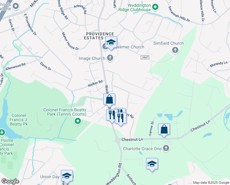 map of restaurants, bars, coffee shops, grocery stores, and more near 4303 Mccamey Drive in Matthews