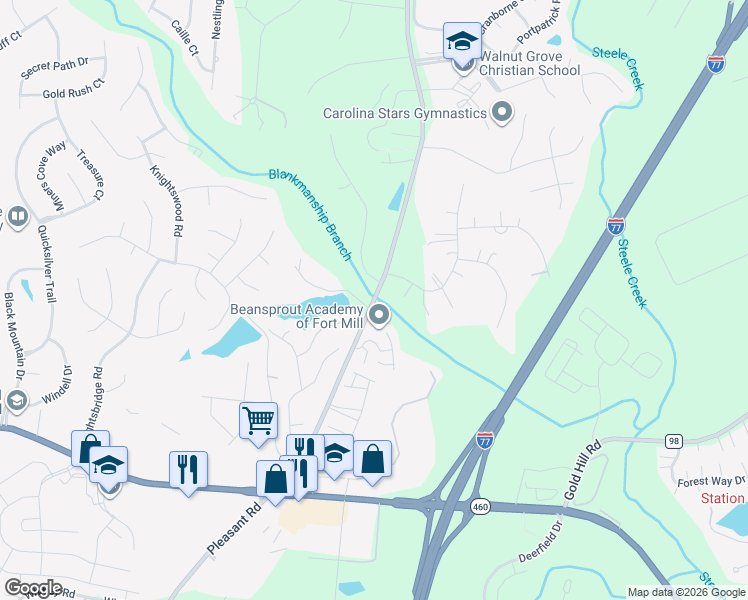 map of restaurants, bars, coffee shops, grocery stores, and more near 3201 Pleasant Road in Fort Mill