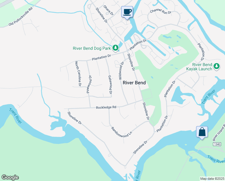 map of restaurants, bars, coffee shops, grocery stores, and more near 276 Gatewood Drive in New Bern