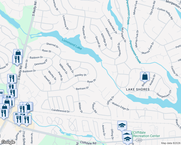 map of restaurants, bars, coffee shops, grocery stores, and more near 7256 Ainsley Street in Fayetteville
