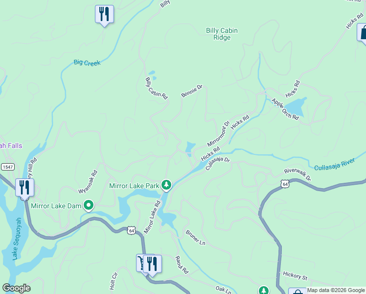 map of restaurants, bars, coffee shops, grocery stores, and more near 75 Billy Cabin Road in Highlands