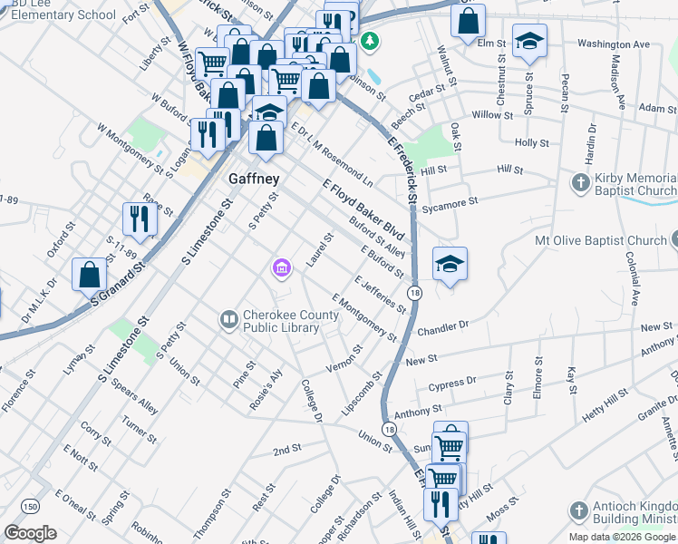 map of restaurants, bars, coffee shops, grocery stores, and more near 201 Laurel Street in Gaffney