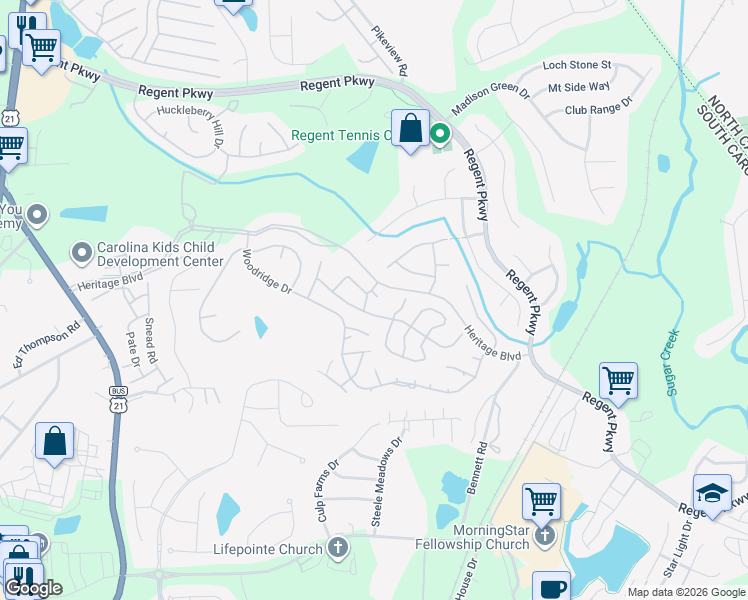 map of restaurants, bars, coffee shops, grocery stores, and more near 2792 Dogwood Hills Court in Fort Mill