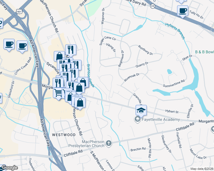 map of restaurants, bars, coffee shops, grocery stores, and more near 336-340 Courtyard Lane in Fayetteville