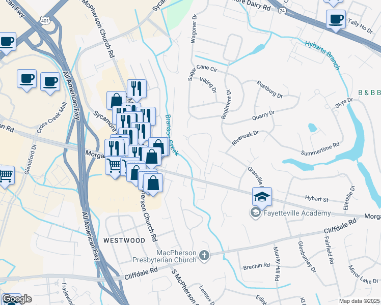 map of restaurants, bars, coffee shops, grocery stores, and more near 336-340 Courtyard Lane in Fayetteville