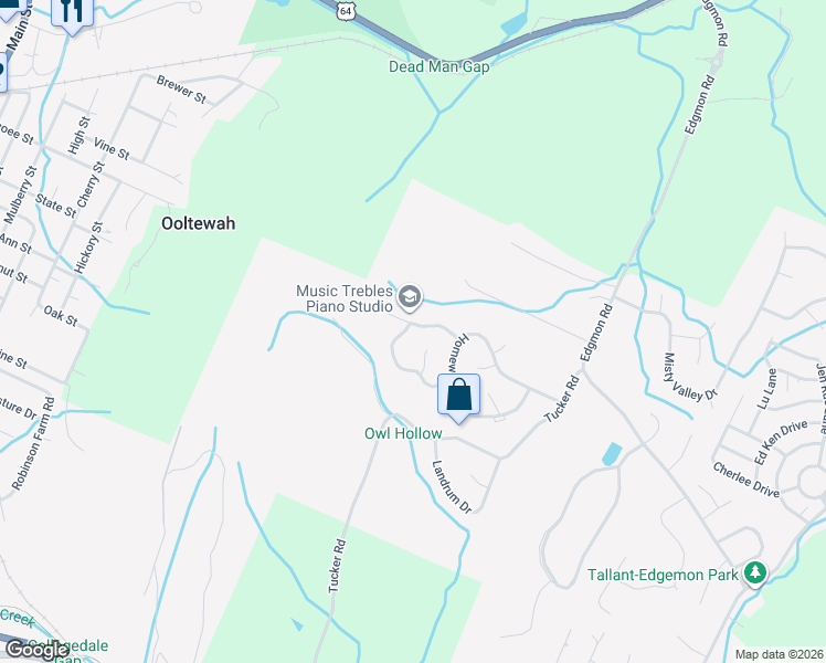 map of restaurants, bars, coffee shops, grocery stores, and more near 5576 Jonquil Lane in Ooltewah