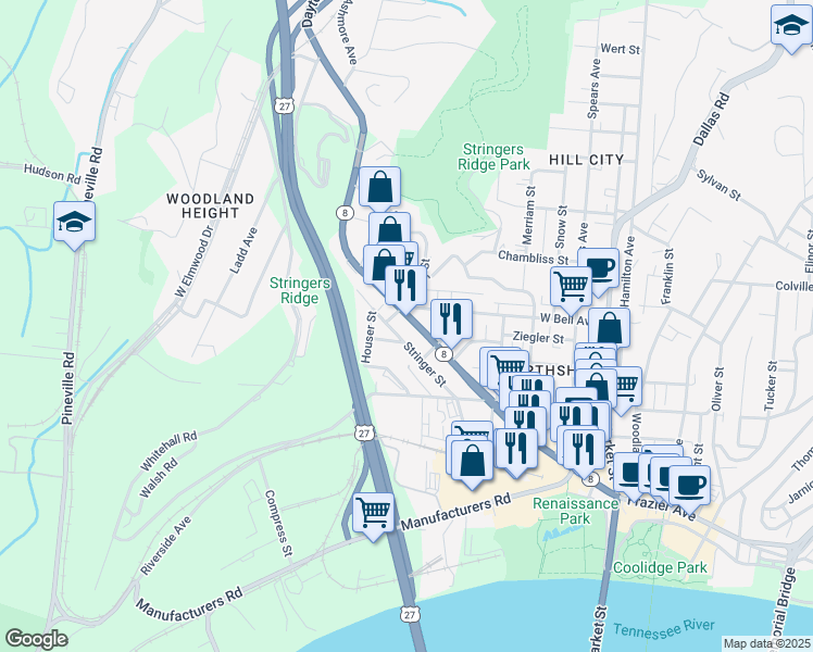 map of restaurants, bars, coffee shops, grocery stores, and more near 560 Cherokee Boulevard in Chattanooga