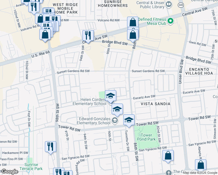map of restaurants, bars, coffee shops, grocery stores, and more near 8938 Thor Road Southwest in Albuquerque